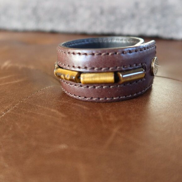 YSL Rive Gauche brown leather bracelet cuff with 9 tiger's eye stones/beads EUC! - Picture 1 of 14